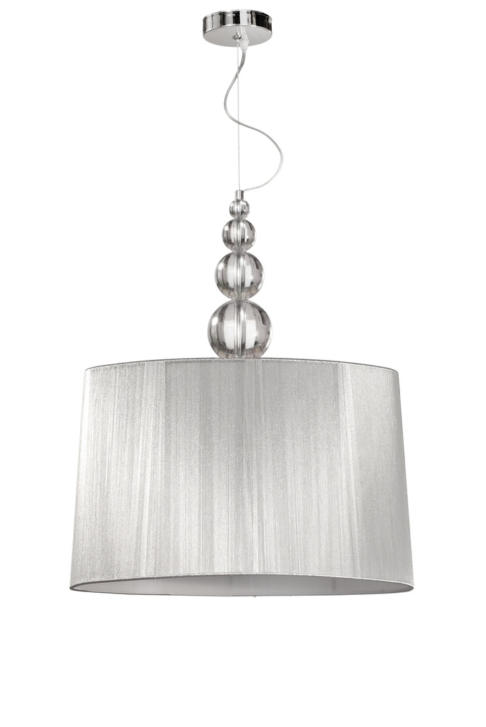 LAMPARA COLGANTE CON BASE COLOR CROMO, ESTRUCTURA DE CRISTAL  Y PANTALLA DE HILOS EN COLOR PLATA, COMPATIBLE CON BOMBILLA LED DE BASE E27, DIAMETRO 45CM, ALTURA TOTAL 100CM