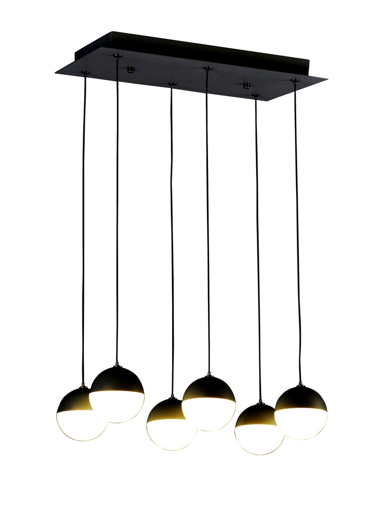 LAMPARA DE TECHO DECORATIVA 40 cms., CABLE EXTENSIBLE MAX. 1500 mms. CON 6 LED DE  5W, ALUMINIO COLOR NEGRO Y ACRILICO CON TEMPERATURA DE LUZ DIMMABLE