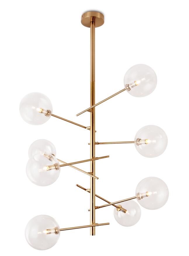 LAMPARA COLGANTE EN LATON SATINADO DE 8 LUCES COMPATIBLES CON BOMBILLA LED G-9, DIAMETRO 7,8CM, ALTURA 118CM