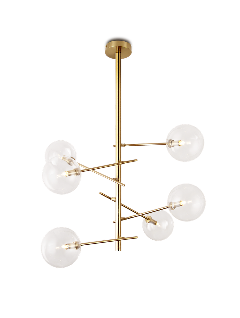 LAMPARA COLGANTE EN LATON SATINADO DE 6 LUCES COMPATIBLES CON BOMBILLA LED G-9, DIAMETRO 7,8CM, ALTURA 118CM