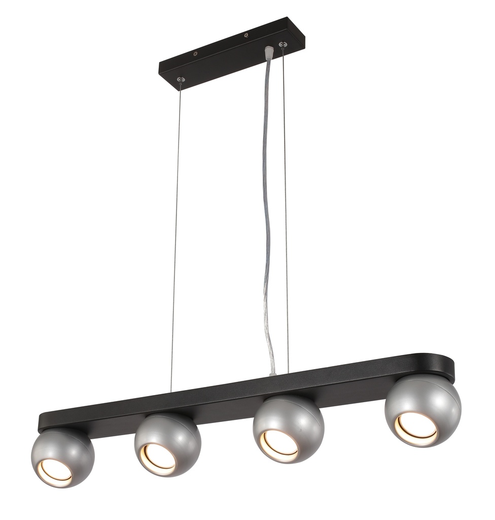 LAMPARA COLGANTE COLOR NEGRO Y PLATA DE 4 LUZ ORIENTABLE COMPATIBLE CON CUALQUIER BOMBILLA LED GU10,