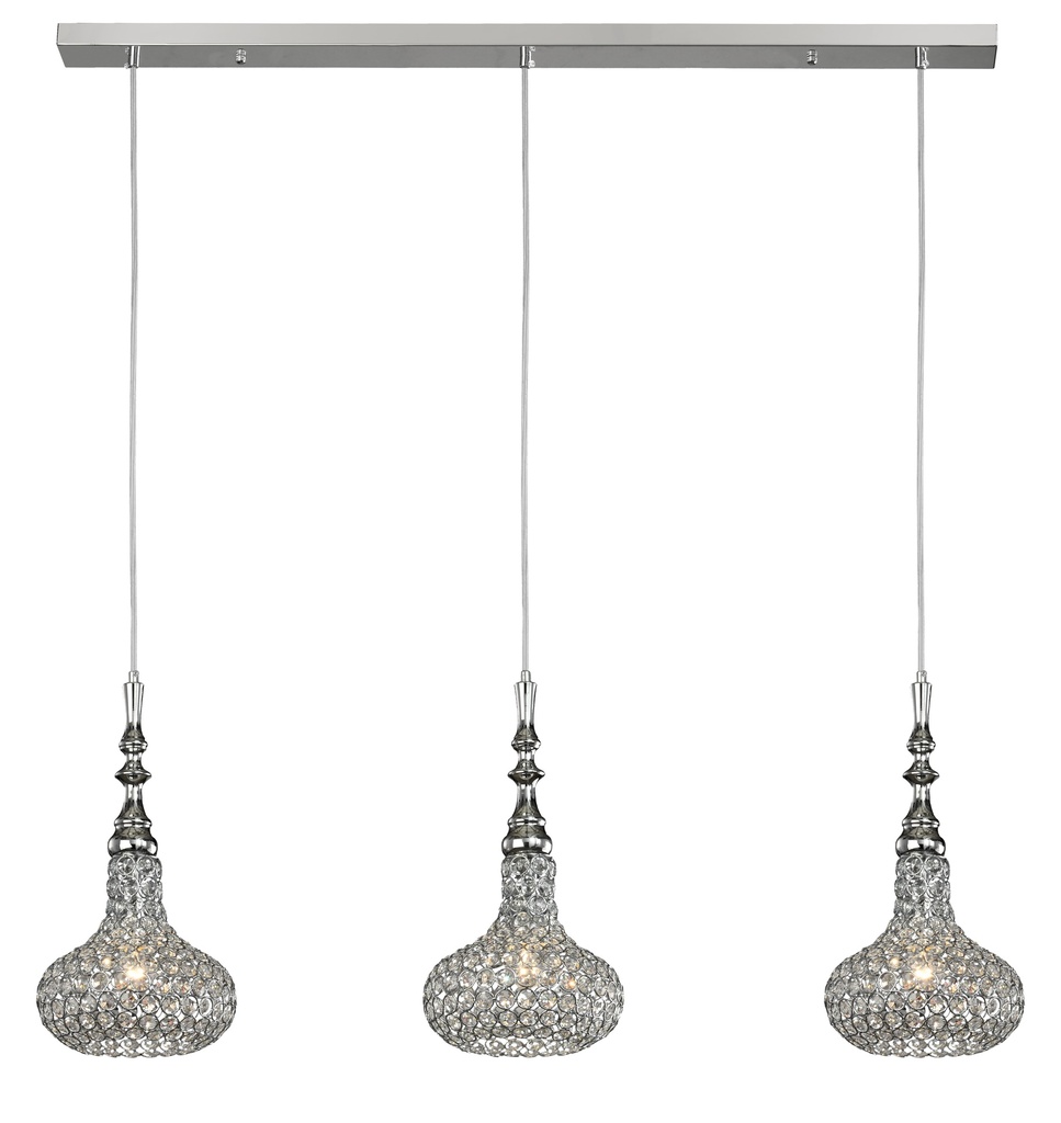 LAMPARA COLGANTE COLOR CROMO DE 3 LUCES LINEALES,  COMPATIBLES CON BOMBILLA LED DE BASE E27, 100CM ALTURA