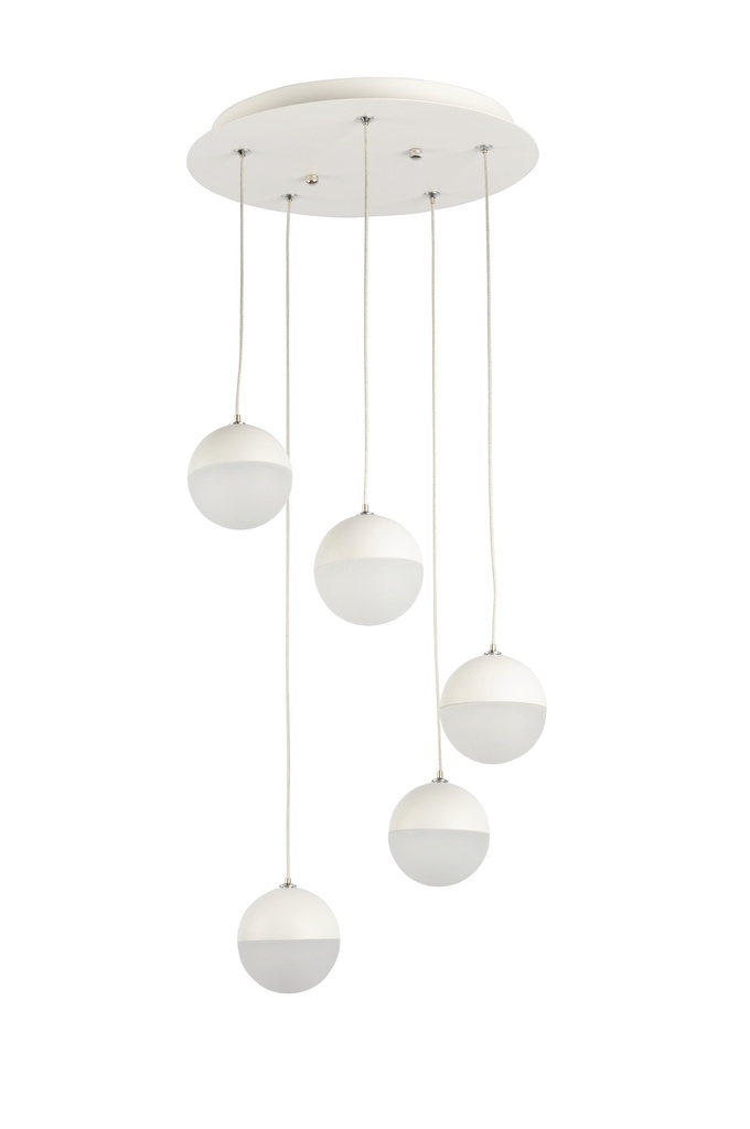 LAMPARA DE TECHO DECORATIVA 25 cms., CABLE EXTENSIBLE MAX. 1500 mms CON 5 LED DE  5W, ALUMINIO COLOR BLANCO Y ACRILICO CON TEMPERATURA DE LUZ DIMMABLE