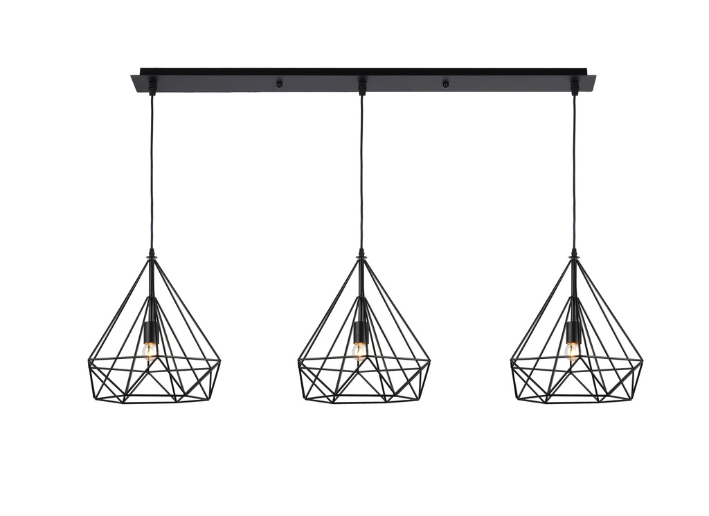 LAMPARA COLGANTE NEGRA DE 3 LUCES BOMBILLA LED DE BASE E27, ALTURA 120CM, LONGITUD 83CM
