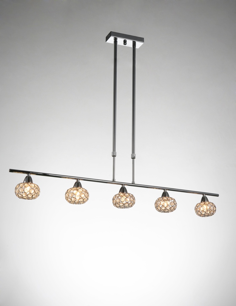 LAMPARA COLGANTE COLOR CROMO 5 LUCES LINEALES,  COMPATIBLES BOMBILLA LED DE BASE G9, ALTURA 100CM