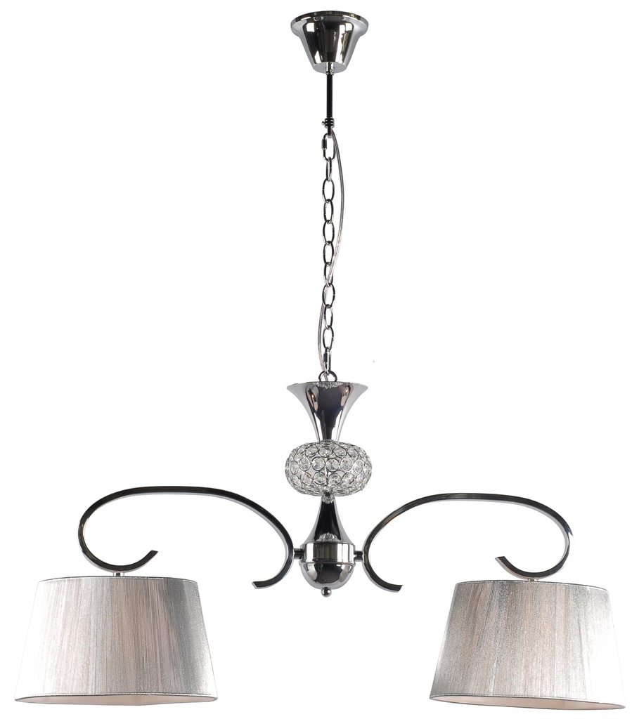 LAMPARA COLGANTE CON BASE COLOR CROMO, ESTRUCTURA DE HIERRO Y CRISTAL  Y PANTALLA DE HILOS EN COLOR PLATA,  DE 2 LUCES COMPATIBLE CON BOMBILLA LED DE BASE E27, ALTURA 90CM