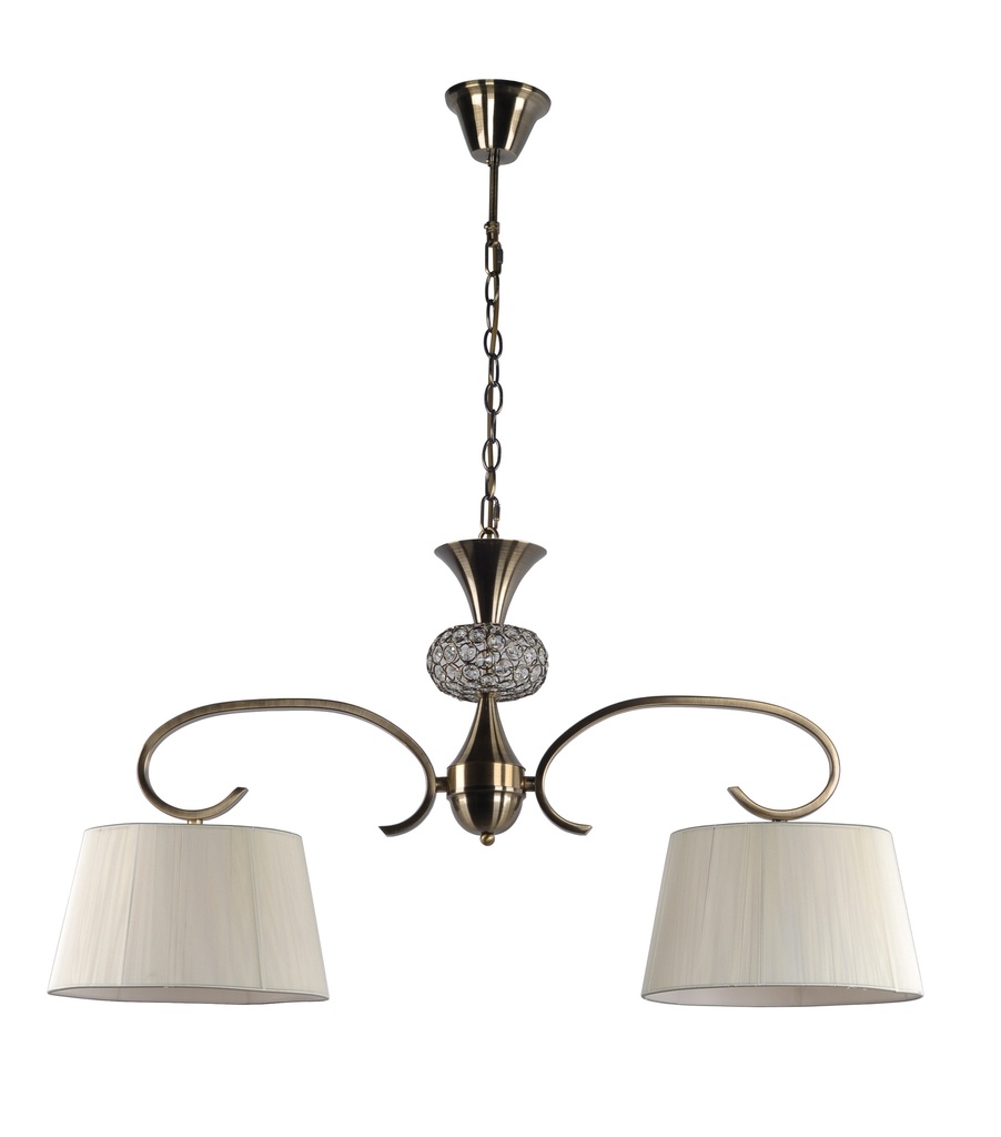 LAMPARA COLGANTE CON BASE COLOR CUERO, ESTRUCTURA DE HIERRO Y CRISTAL  Y PANTALLA DE HILOS EN COLOR CREMA,  DE 2 LUCES COMPATIBLE BOMBILLA LED DE BASE E27, ALTURA 90CM