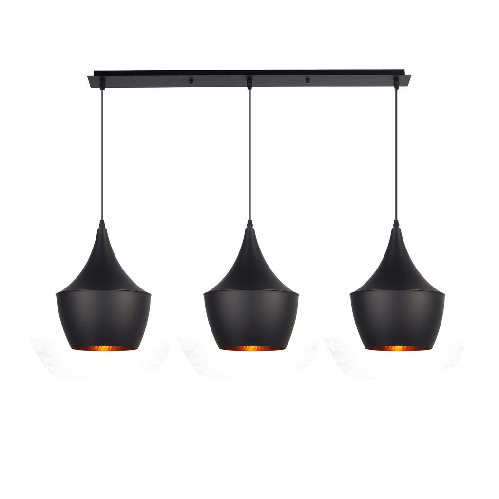 LAMPARA COLGANTE NEGRA INTERIOR DORADO ALTURA TOTAL 130CM DE 3 LUCES COMPATIBLES CON CUALQUIER BOMBILLA LED DE BASE E27