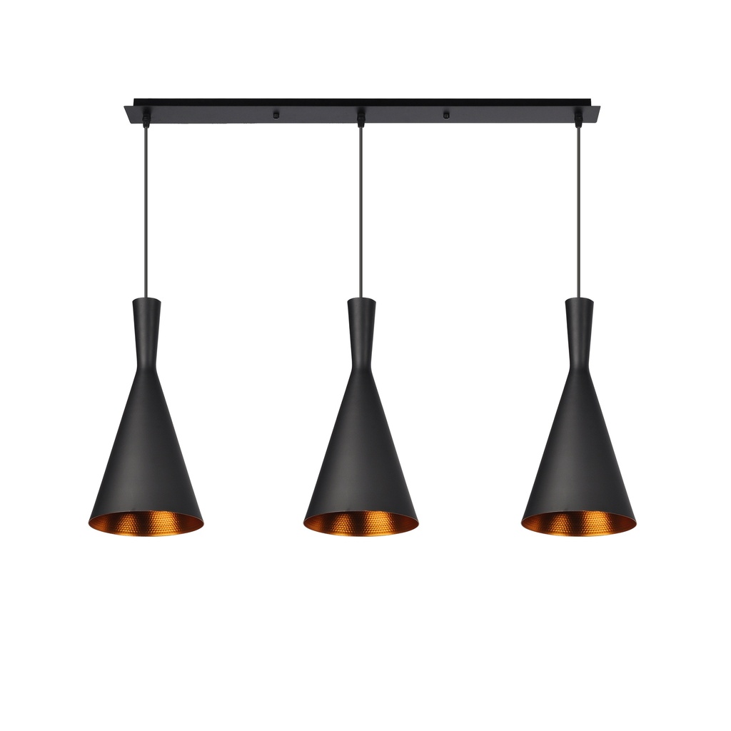 LAMPARA COLGANTE NEGRA INTERIOR DORADO ALTURA TOTAL 130CM DE 3 LUCES COMPATIBLES CON CUALQUIER BOMBILLA LED DE BASE E27