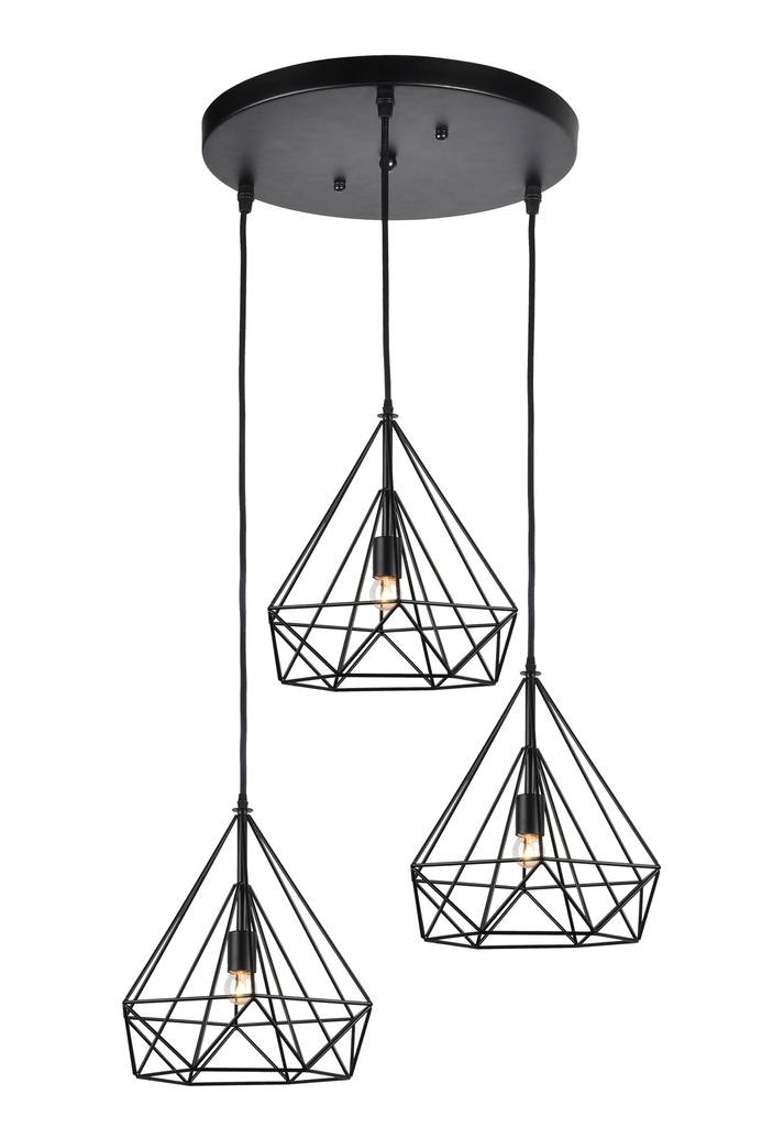 LAMPARA COLGANTE DECORATIVO NEGRA DE 3 LUCES CON BASE REDONDA, BOMBILLA LED DE BASE E27, ALTURA TOTAL REGULABLE 230CM, DIAMETRO 60CM
