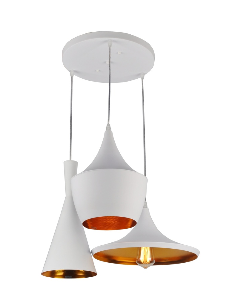LAMPARA COLGANTE BLANCA INTERIOR DORADO ALTURA TOTAL 130CM DE 3 LUCES COMPATIBLES CON CUALQUIER BOMBILLA LED DE BASE E27