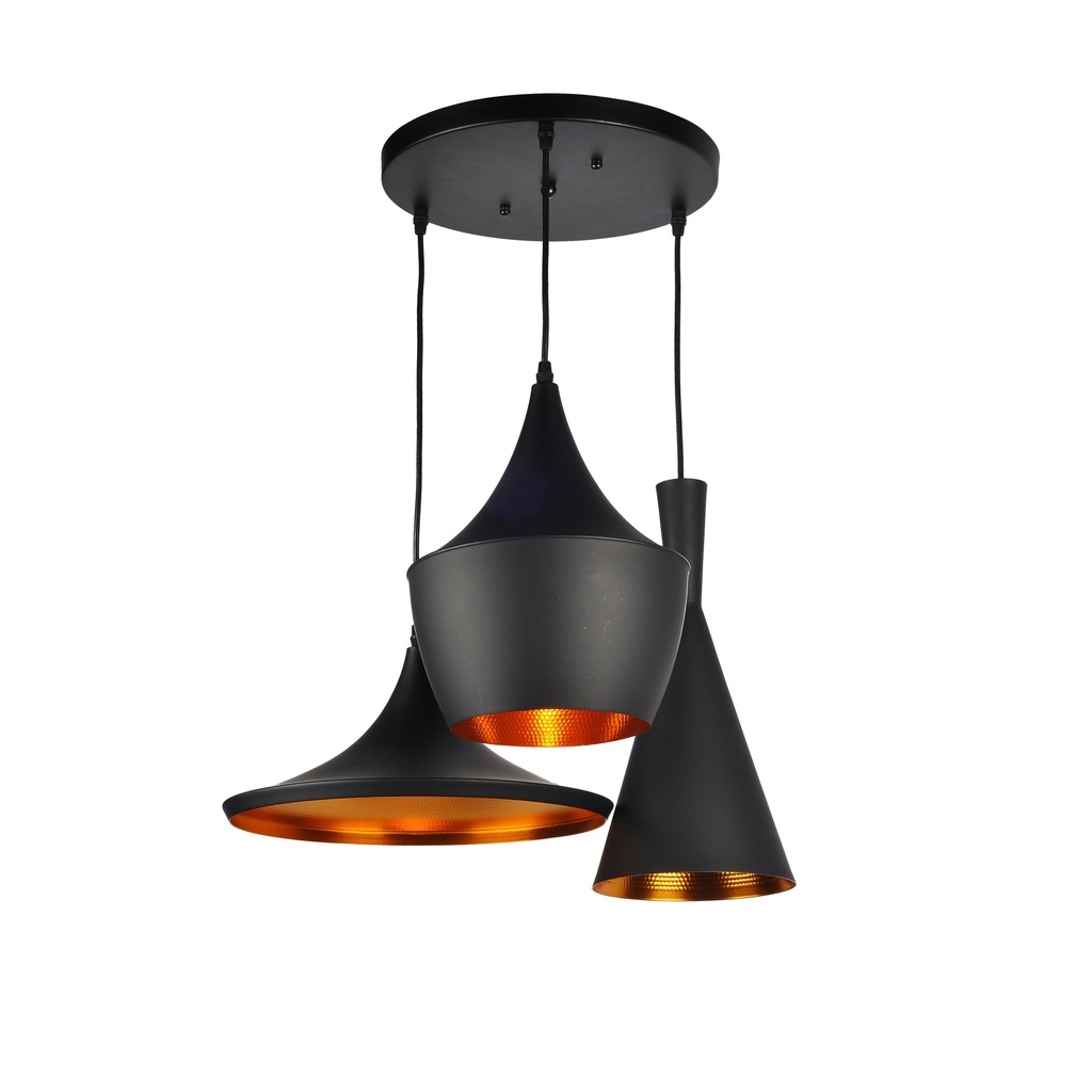 LAMPARA COLGANTE NEGRA INTERIOR DORADO ALTURA TOTAL 130CM DE 3 LUCES COMPATIBLES CON CUALQUIER BOMBILLA LED DE BASE E27