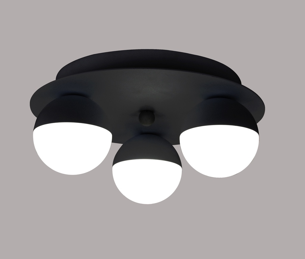 PLAFON DECORATIVO 25cms CON 3 LED DE  5W, ALUMINIO COLOR NEGRO Y ACRILICO CON TEMPERATURA DE LUZ DIMMABLE