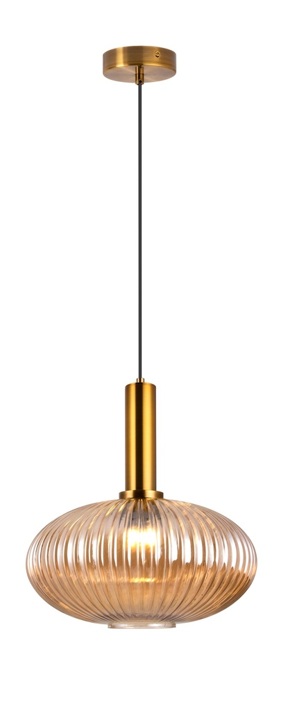 LAMPARA COLGANTE EN ALUMINIO Y CRISTAL EN TONO AMBAR  DE 1 LUZ COMPATIBLE CON BOMBILLA LED DE BASE E27, DIAMETRO 30CM, ALTURA 130CM