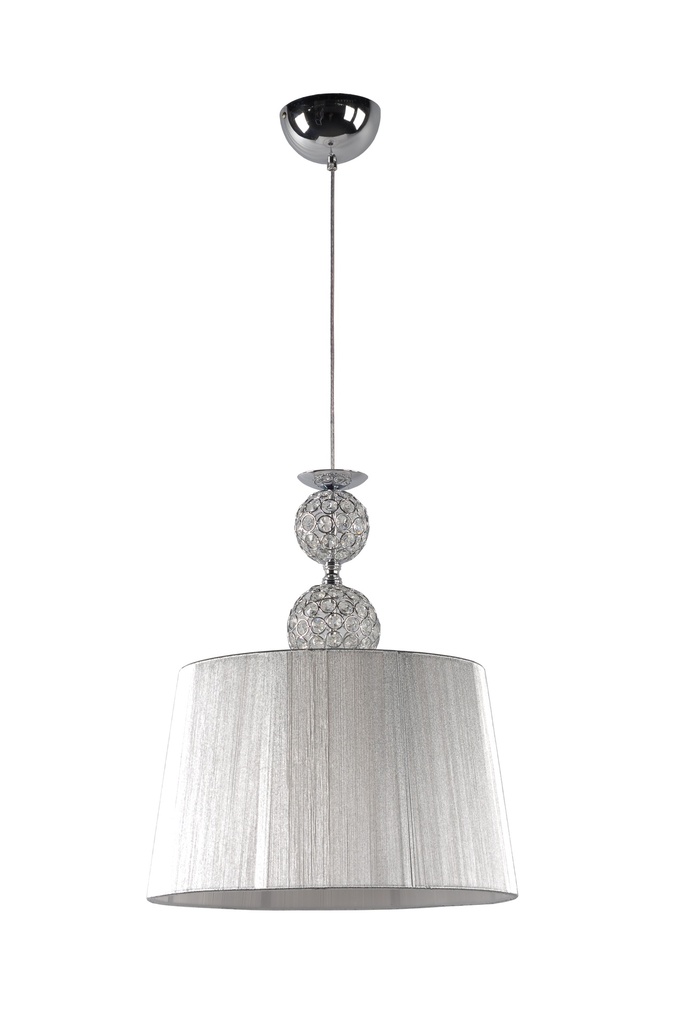 LAMPARA COLGANTE BASE COLOR CROMO, ESTRUCTURA DE HIERRO Y CRISTAL  Y PANTALLA DE HILOS EN COLOR PLATA,  DE 1 LUZ COMPATIBLE CON BOMBILLA LED DE BASE E27, DIAMETRO 45CM, ALTURA 75CM