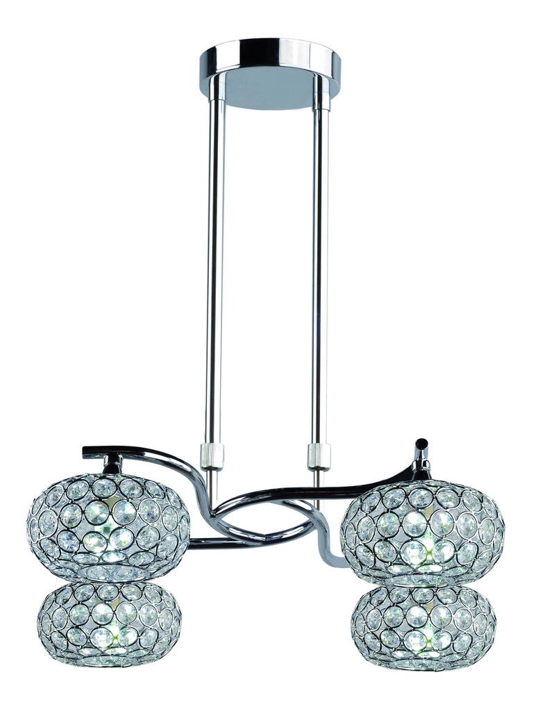 LAMPARA COLGANTE COLOR CROMO DE 4 LUCES ,  COMPATIBLES CON BOMBILLA LED DE BASE G9, ALTURA DE 30 A 90CM, DIAMETRO 48CM