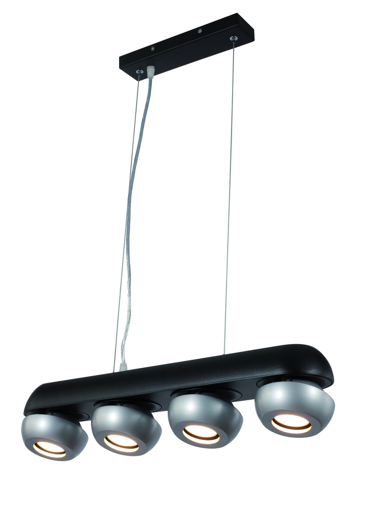 LAMPARA COLGANTE NEGRO Y PLATA DE 4 LUCES ORIENTABLES BOMBILLA LED DE BASE GU10, ALTURA 120CM