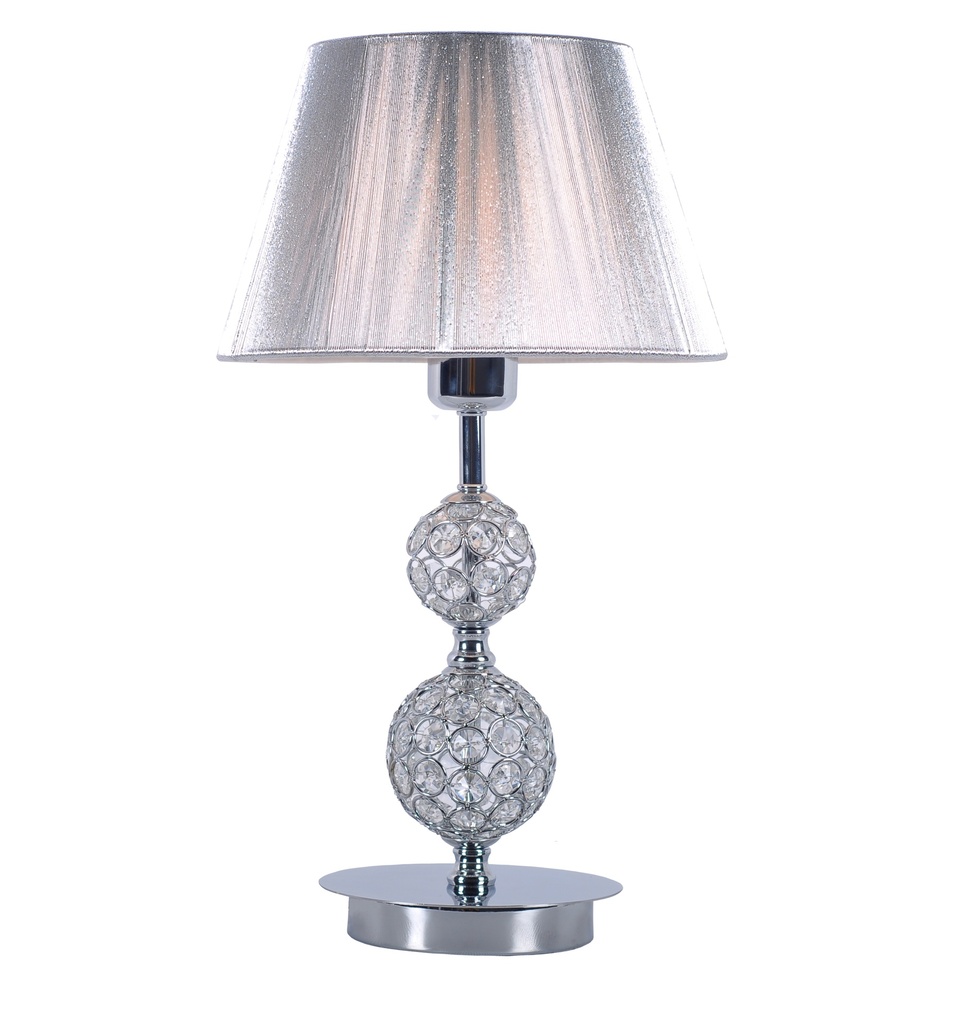 LAMPARA DE MESA CON 1 LUZ E-27, ESTRUCTURA DE HIERRO Y CRISTAL  Y PANTALLA DE HILOS EN COLOR PLATA, ALTURA 45CM, DIAMETRO 25