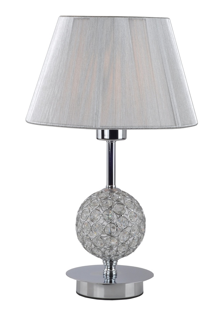 LAMPARA DE MESA CON 1 LUZ E-27, ESTRUCTURA DE HIERRO Y CRISTAL  Y PANTALLA DE HILOS EN COLOR PLATA, ALTURA 40CM, DIAMETRO 25