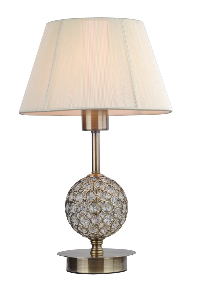 LAMPARA DE SOBREMESA CON 1 LUZ E-27, ESTRUCTURA DE HIERRO Y CRISTAL  Y PANTALLA DE HILOS EN COLOR CREMA, 40CM ALTO DIAMETRO 25CM