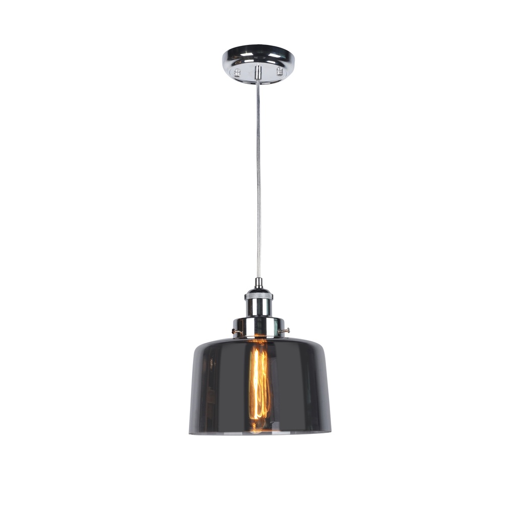 LAMPARA COLGANTE EN ALUMINIO COLOR CROMO Y CRISTAL EN TONO FUMÉ  DE 1 LUZ BOMBILLA LED DE BASE E27, ALTURA MAXIMA REGULABLE 150CM, CRISTAL 22CM DIAMETRO