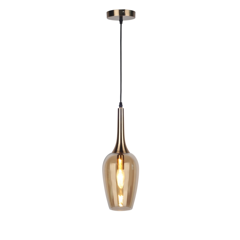LAMPARA COLGANTE EN ALUMINIO COLOR CROMO Y CRISTAL EN TONO AMBAR  DE 1 LUZ BOMBILLA LED DE BASE E27, ALTURA MAXIMA REGULABLE 150CM, CRISTAL 15CM DIAMETRO