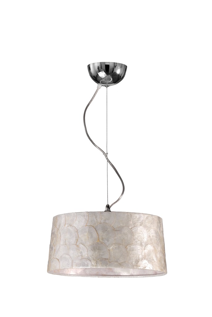 LAMPARA COLGANTE CON BASE COLOR CROMO  Y PANTALLA NACAR DE 1 LUZ BOMBILLA LED DE BASE E2, ALTURA MAX REGULABLE 120CM, DIAMETRO 35CM