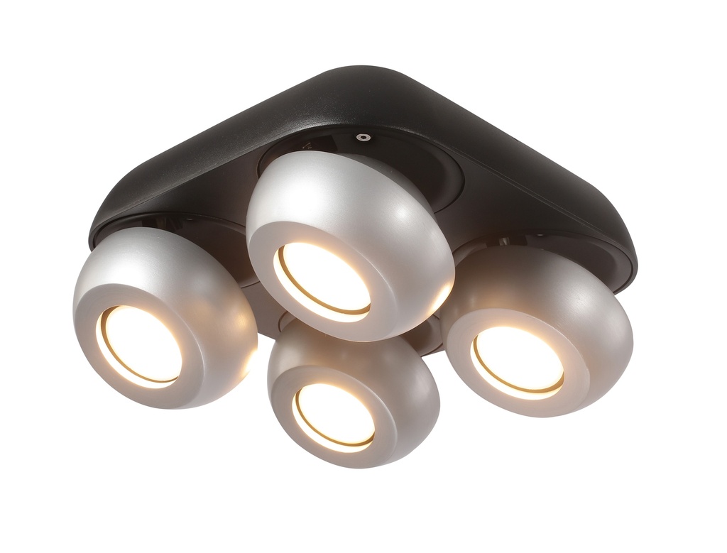FOCO DECORATIVO COLOR NEGRO Y PLATA DE 4 LUCES ORIENTABLE COMPATIBLE CON CUALQUIER BOMBILLA LED GU10,