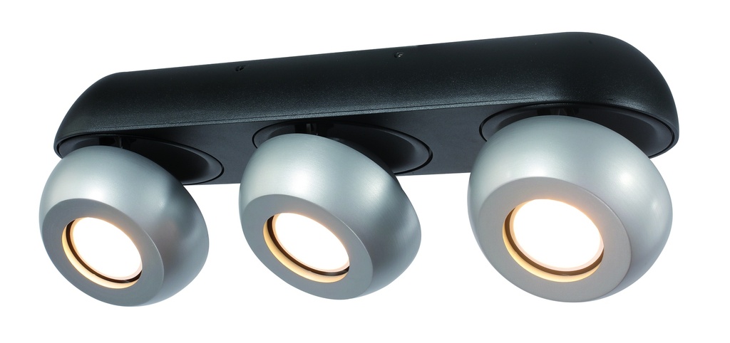 FOCO DECORATIVO COLOR PLATA Y NEGRO DE 3 LUCES ORIENTABLE COMPATIBLE CON CUALQUIER BOMBILLA LED GU10,