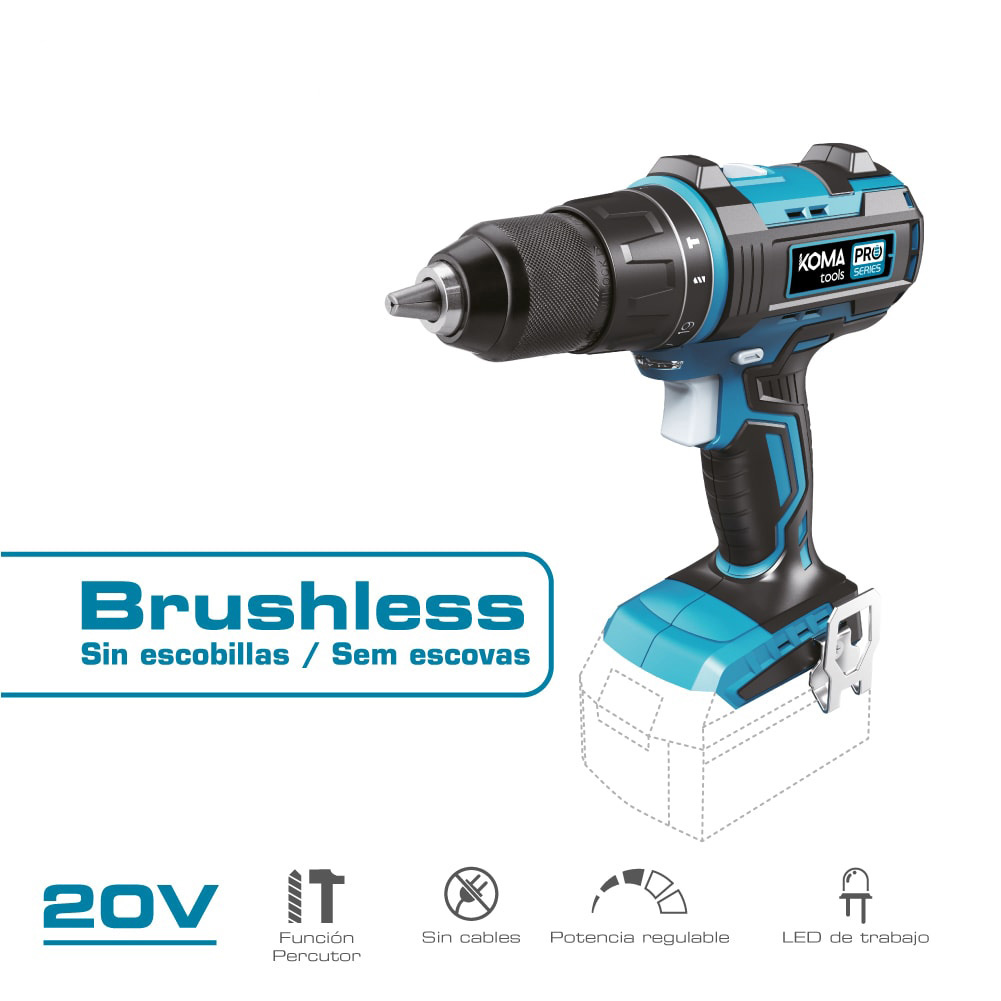 TALADRO PERCUTOR/ATORNILLADOR 20V BRUSHLESS (SIN BATERÍA NI CARGADOR) PORTABROCAS Ø13mm 22x25cm PRO SERIES BATTERY KOMA TOOLS