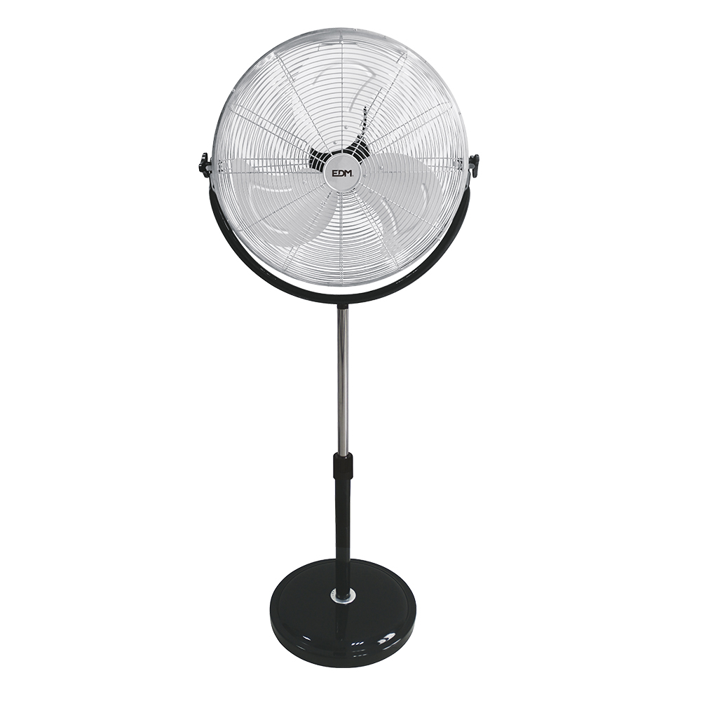 VENTILADOR DE PIE INDUSTRIAL CON BASE CIRCULAR CROMADO/NEGRO POTENCIA: 120W ASPAS: Ø50cm ALTURA REGULABLE 118-148cm EDM