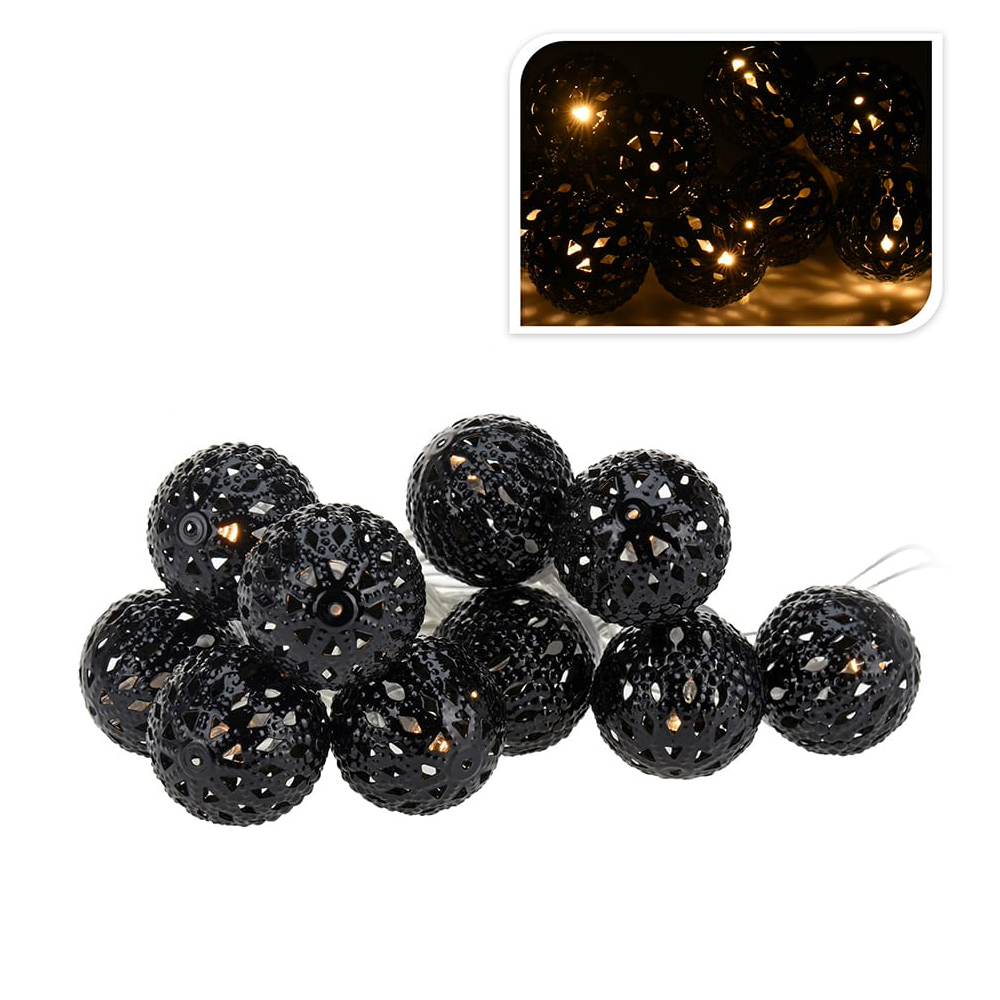 GUIRNALDA A PILAS FIJA 10 LEDS CON BOLAS COLOR NEGRO LUZ BLANCO CALIDO 1,3m