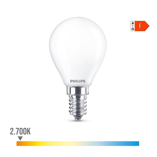 [000003452] BOMBILLA ESFERICA LED E14 4,3W 470lm 2700K LUZ CALIDA Ø4,5x8,2cm PHILIPS