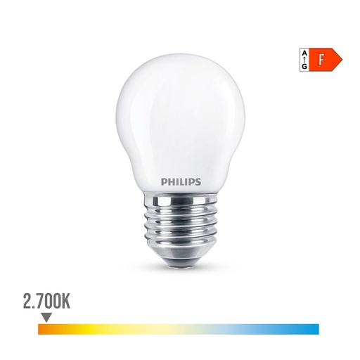 [000003453] BOMBILLA ESFERICA LED E27 4,3W 470lm 2700K LUZ CALIDA Ø4,5x8,2cm PHILIPS