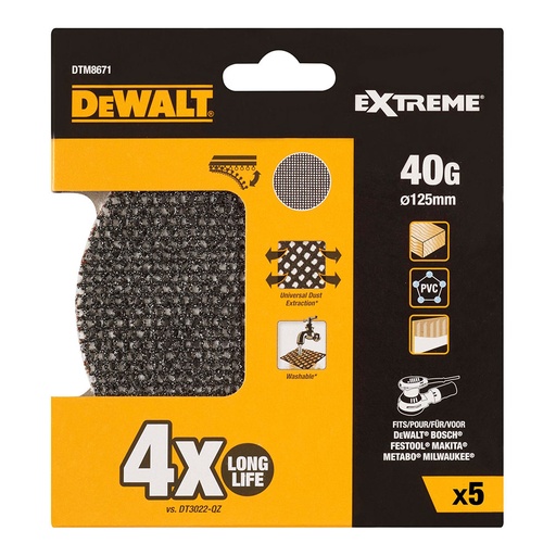 [000003715] S.OF. PACK 5 LIJAS DE MALLA Ø125mm GRANO: 40 PARA LIJADORAS ROTOORBITALES DTM8671-QZ DEWALT