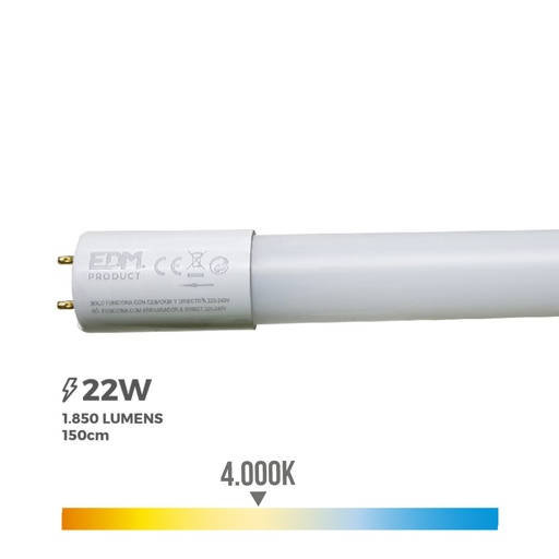 [000003728] TUBO LED T8 22W 2000lm 4000K LUZ DIA (EQ.58W) Ø2,6x150cm EDM