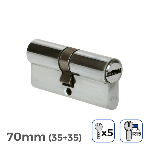 [000003996] BOMBIN NIQUEL 70mm (35+35mm) LEVA LARGA R15 CON 5 LLAVES SEGURIDAD INCLUIDAS EDM