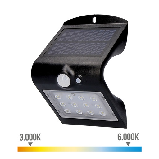 [000004540] APLIQUE SOLAR 1,5W 220lm RECARGABLE. SENSOR DE PRESENCIA (2-6m) COLOR NEGRO 9,5x7,3x13cm EDM