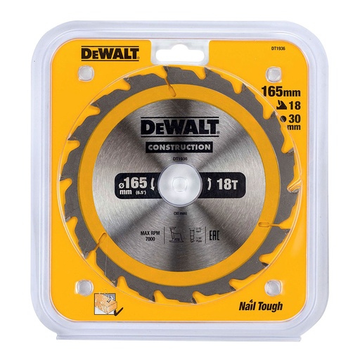 [000004678] S.OF. DISCO PARA CONSTRUCCION Ø165x30mm 18T (AC) DT1936-QZ DEWALT