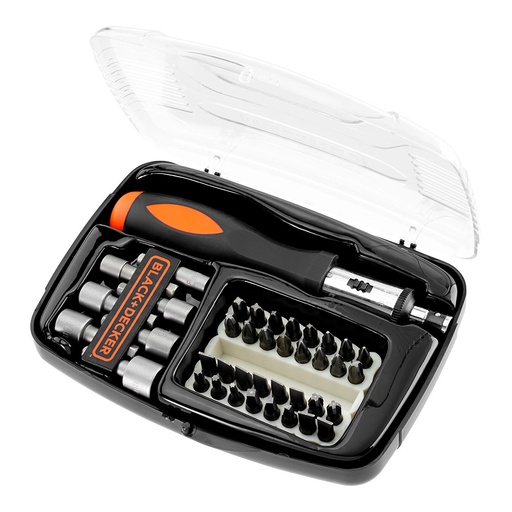 [000004720] JUEGO DE 40 PIEZAS PARA ATORNILLAR CON ATORNILLADOR DE CARRACA A7062-XJ BLACK+DECKER