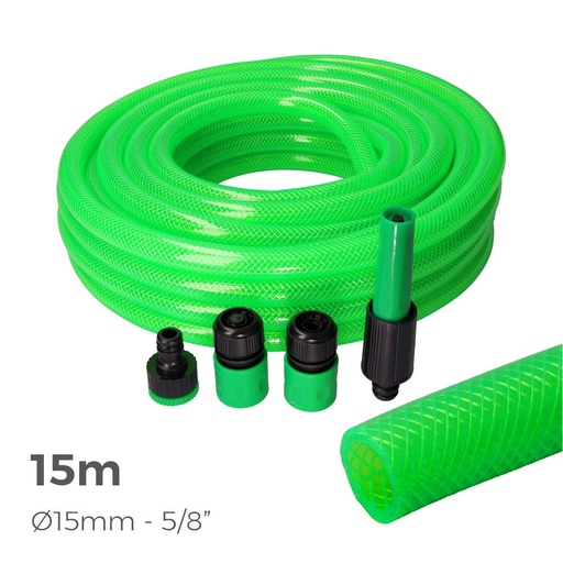 [000004791] S.OF.  KIT MANGUERA JARDIN ANTI-TORSION Ø INTERIOR 15mm Ø EXTERIOR 20mm (5/8") - ROLLO 15m CON ACCESORIOS EDM