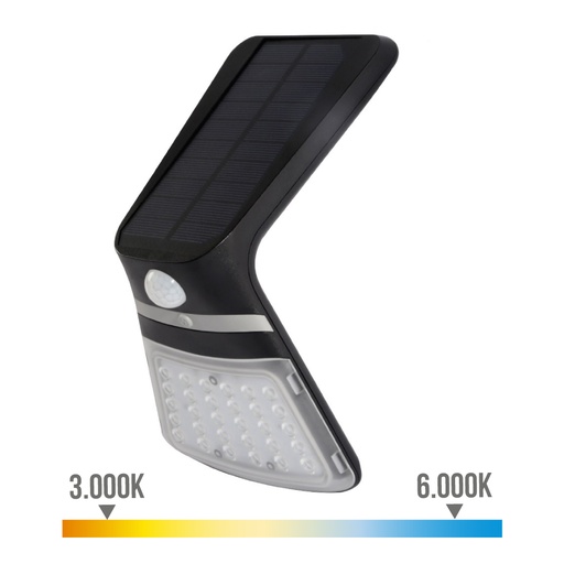 [000004955] APLIQUE SOLAR 3,5W 430lm RECARGABLE SENSOR PRESENCIA (2-8m) COLOR NEGRO 10,5x13cm EDM