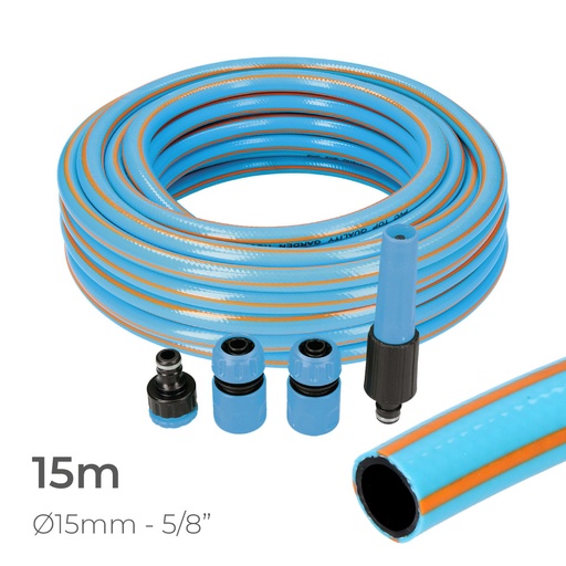 [000004984] KIT MANGUERA JARDIN PROFESIONAL INTERIOR Ø15mm EXTERIOR Ø20mm (5/8") 15m CON ACCESORIOS PVC EDM