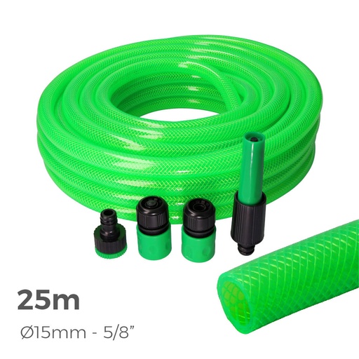 [000005106] S.OF.  KIT MANGUERA JARDIN ANTI-TORSION Ø INTERIOR 15mm Ø EXTERIOR 20mm (5/8") - ROLLO 25m CON ACCESORIOS EDM