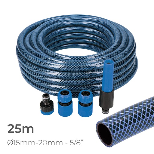 [000005119] KIT MANGUERA DE JARDIN BLUE INTERIOR Ø15mm. EXTERIOR Ø20mm (5/8") ROLLO 25m CON ACCESORIOS EDM