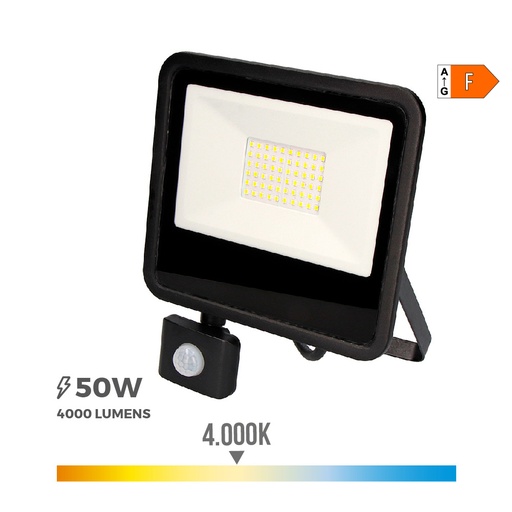 [000005140] FOCO PROYECTOR LED 50W 4000lm 4000K LUZ DIA CON SENSOR DE PRESENCIA 23,8x4,5x19,2cm EDM
