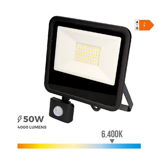 [000005141] FOCO PROYECTOR LED 50W 4000lm 6400K LUZ FRIA CON SENSOR DE PRESENCIA 23,8x4,5x19,2cm EDM