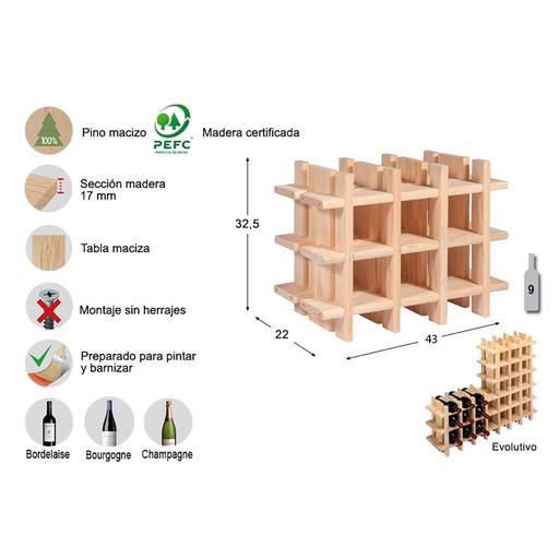 [000005238] BOTELLERO EVOLUTIVO RIOJA PARA 9 BOTELLAS PINO MACIZO 43x22x32,5cm ASTIGARRAGA