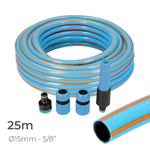 [000005253] KIT MANGUERA JARDIN PROFESIONAL INTERIOR Ø15mm EXTERIOR Ø20mm (5/8") 25m CON ACCESORIOS PVC EDM