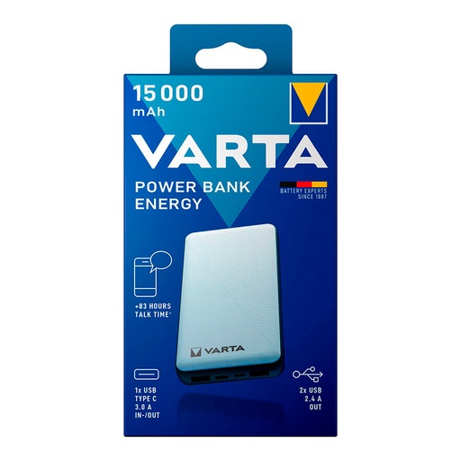 [000005373] POWER BANK ENERGY 15.000mA VARTA 100/240V 74x21x138mm